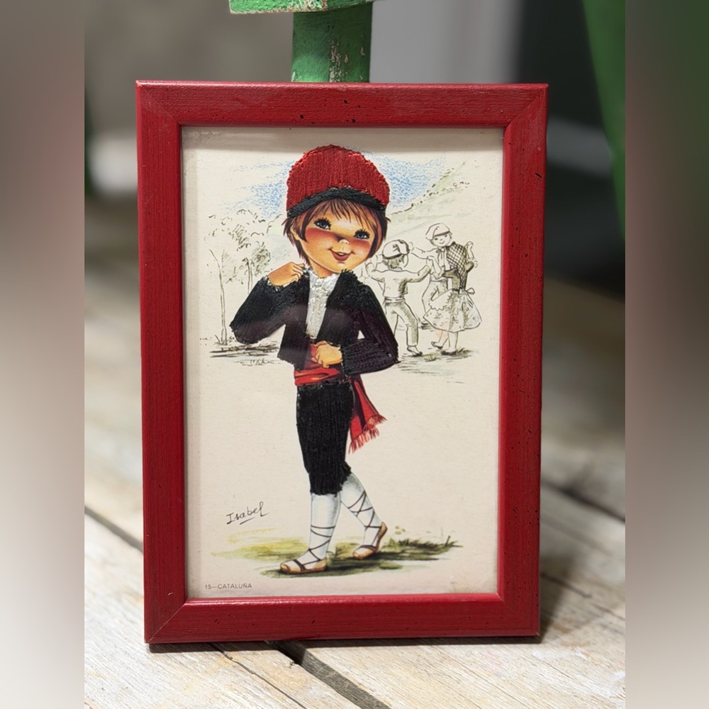 Vintage Embroidered Postcard -Isabel Catalonia Framed Picture. 1950’s | Kitschy